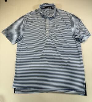 RLX Ralph Lauren Golf Polo Shirt Large Blue White Stripe Quail Creek Stretch